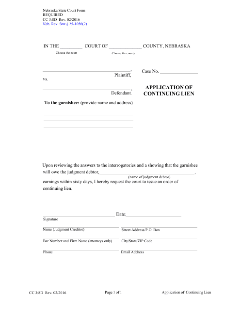 Form CC3:8D Application of Continuing Lien - Nebraska