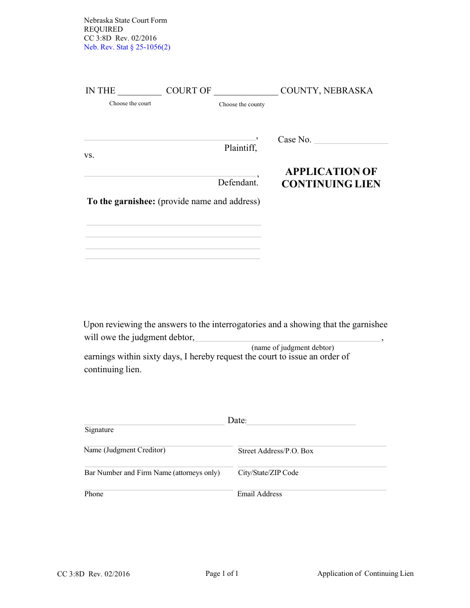 Form CC3:8D Application of Continuing Lien - Nebraska, Page 1