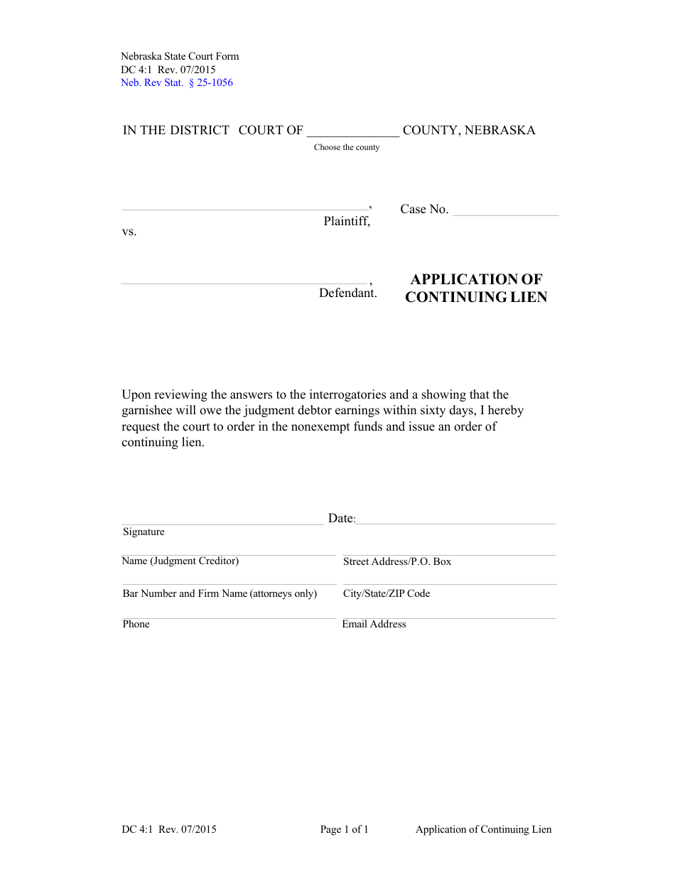 Form DC4:1 Application of Continuing Lien - Nebraska, Page 1