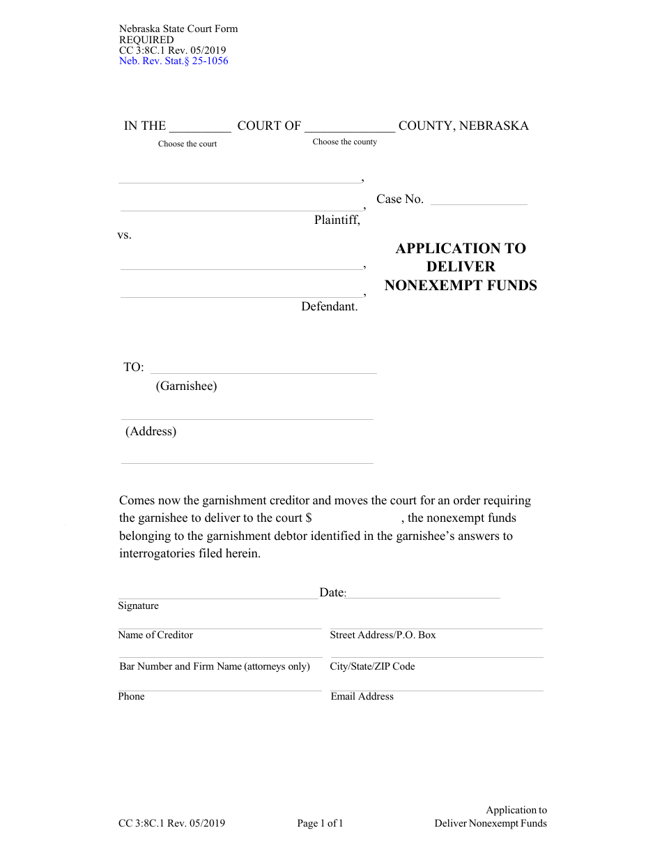 Form CC3:8C.1 Application to Deliver Nonexempt Funds - Nebraska, Page 1