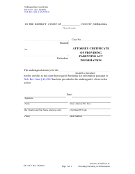 Document preview: Form DC6:5.9 Attorney Certificate of Providing Parenting Act Information - Nebraska