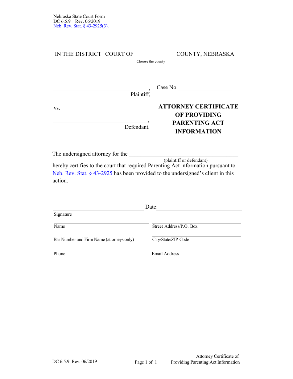 Form DC6:5.9 Attorney Certificate of Providing Parenting Act Information - Nebraska, Page 1