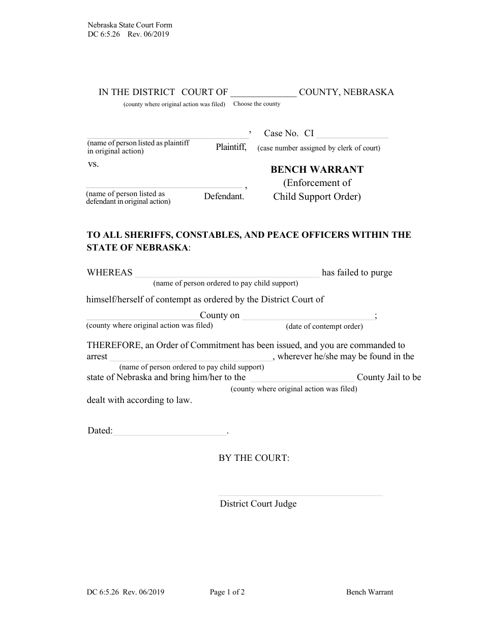 Form DC6:5.26 Bench Warrant (Enforcement of Child Support Order) - Nebraska, Page 1