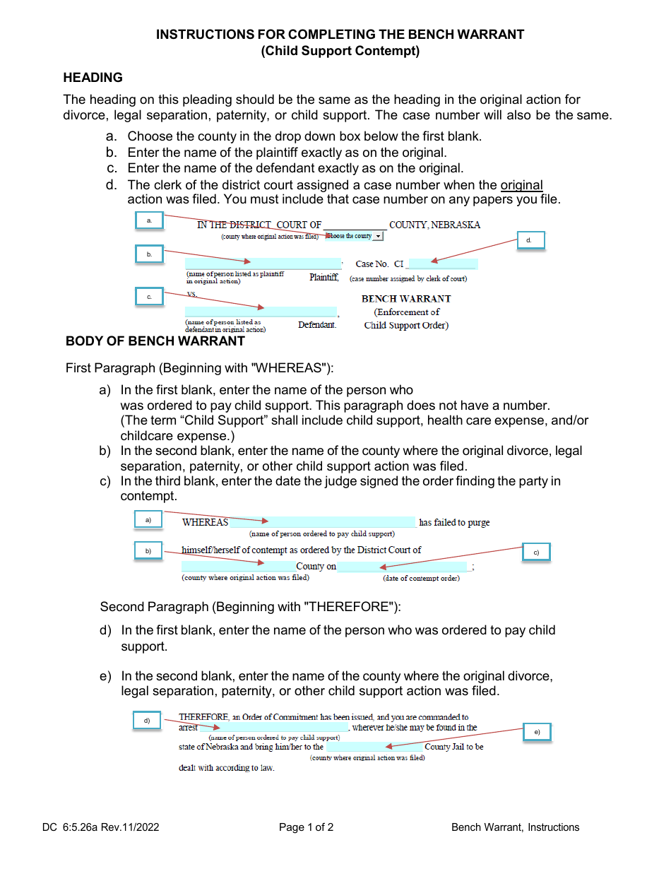 Instructions for Form DC6:5.26 Bench Warrant (Enforcement of Child Support Order) - Nebraska, Page 1