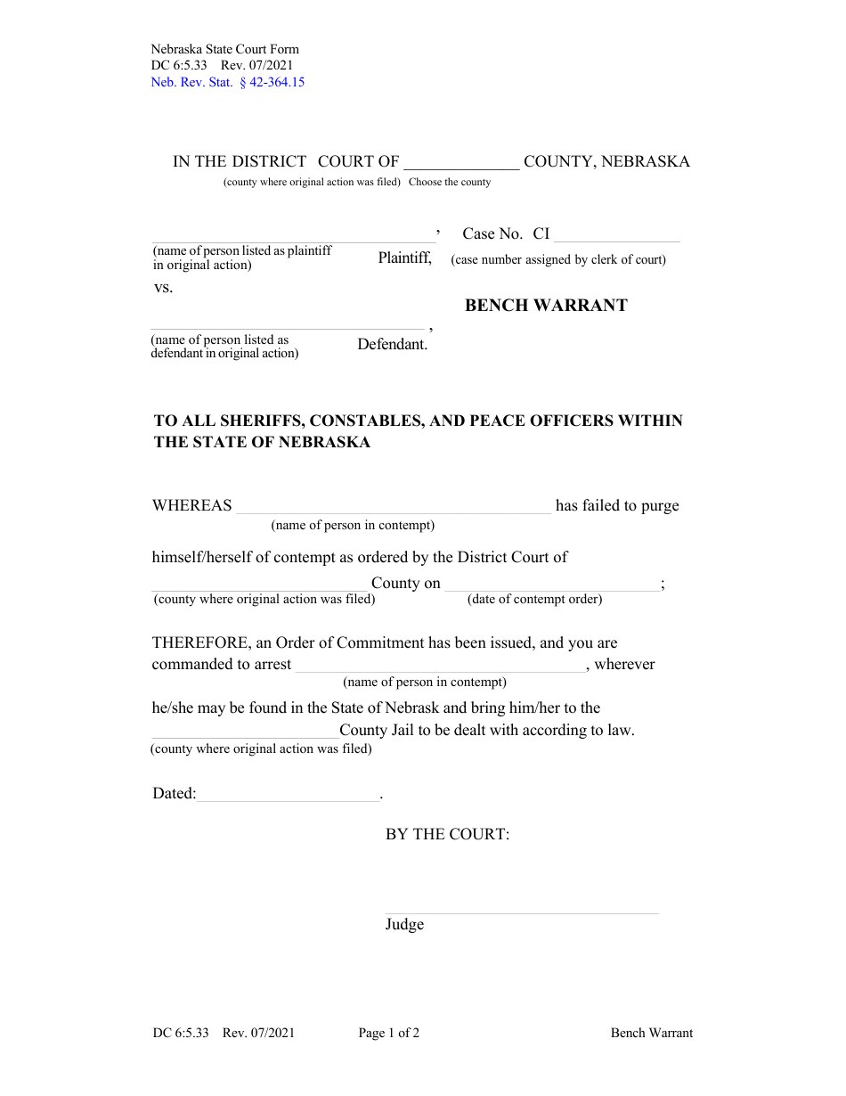 Form DC6:5.33 Bench Warrant - Nebraska, Page 1
