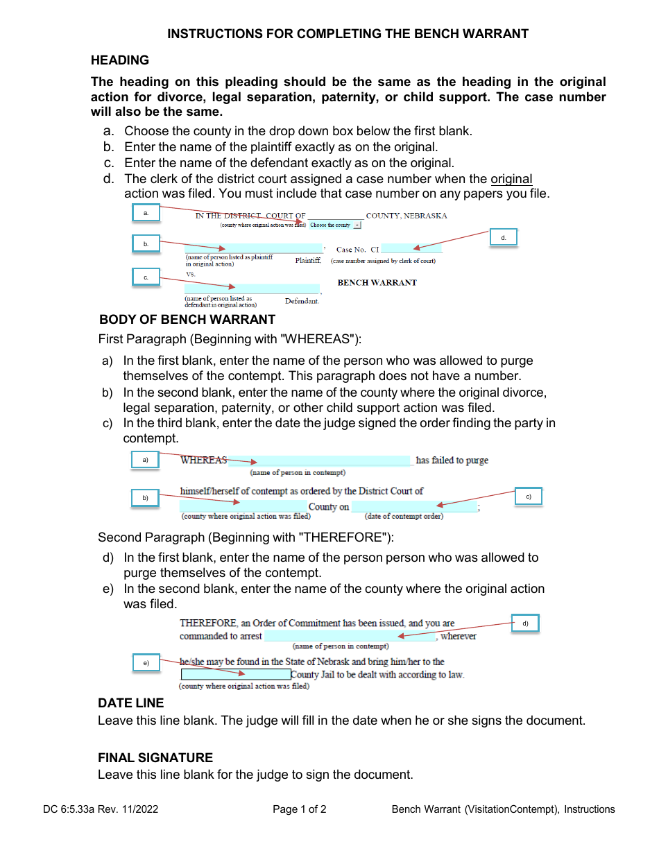Instructions for Form DC6:5.33 Bench Warrant - Nebraska, Page 1