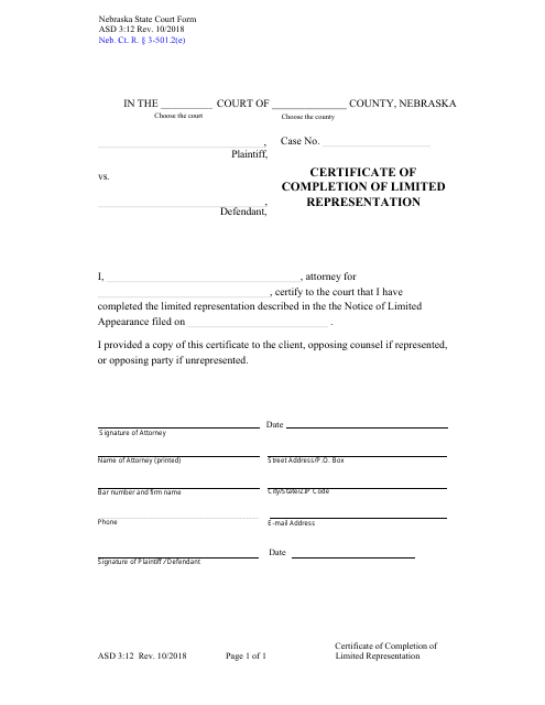 Form ASD3:12 Certificate of Completion of Limited Representation - Nebraska