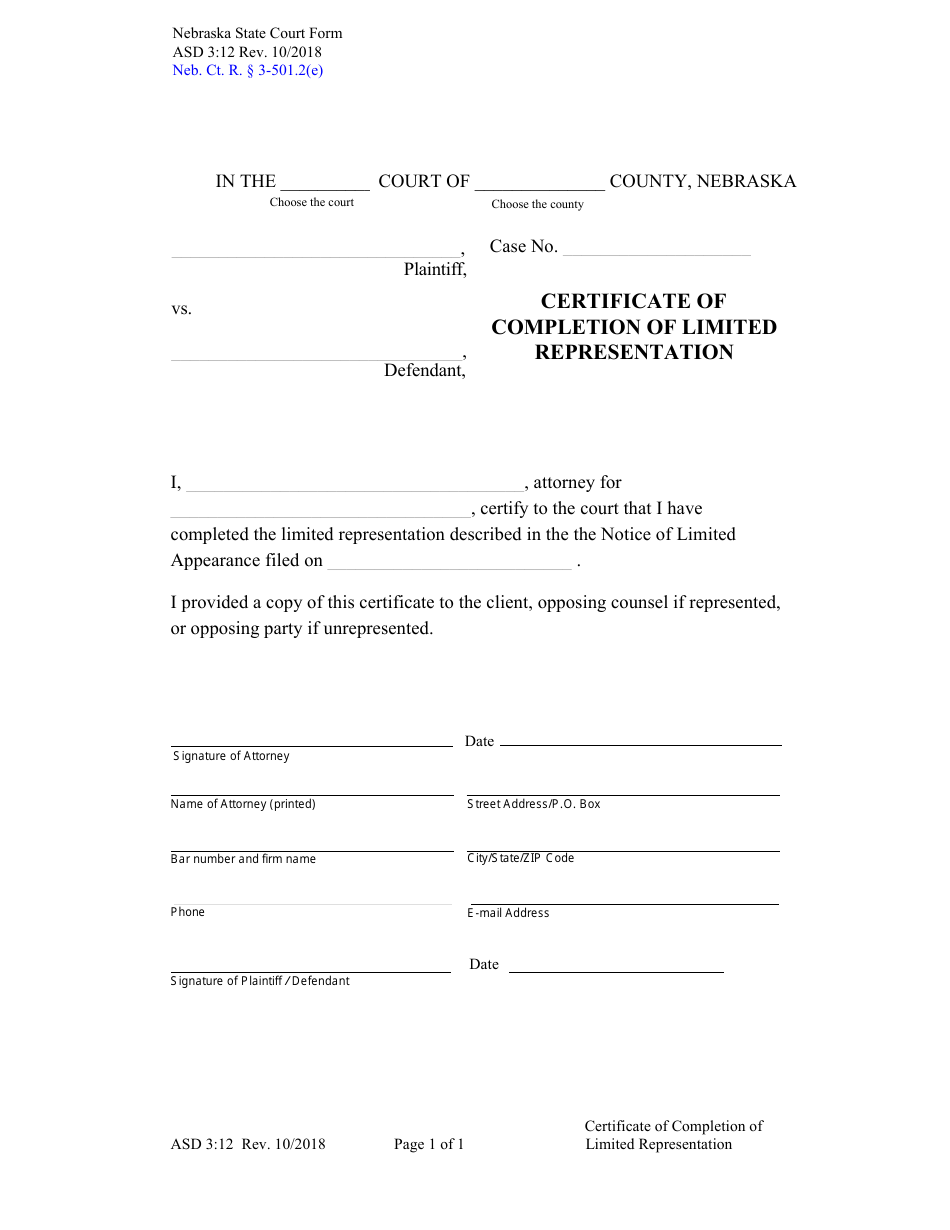 Form ASD3:12 Certificate of Completion of Limited Representation - Nebraska, Page 1
