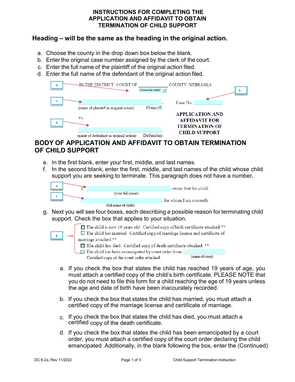Instructions for Form DC6:2 Application and Affidavit to Obtain Termination of Child Support - Nebraska, Page 1