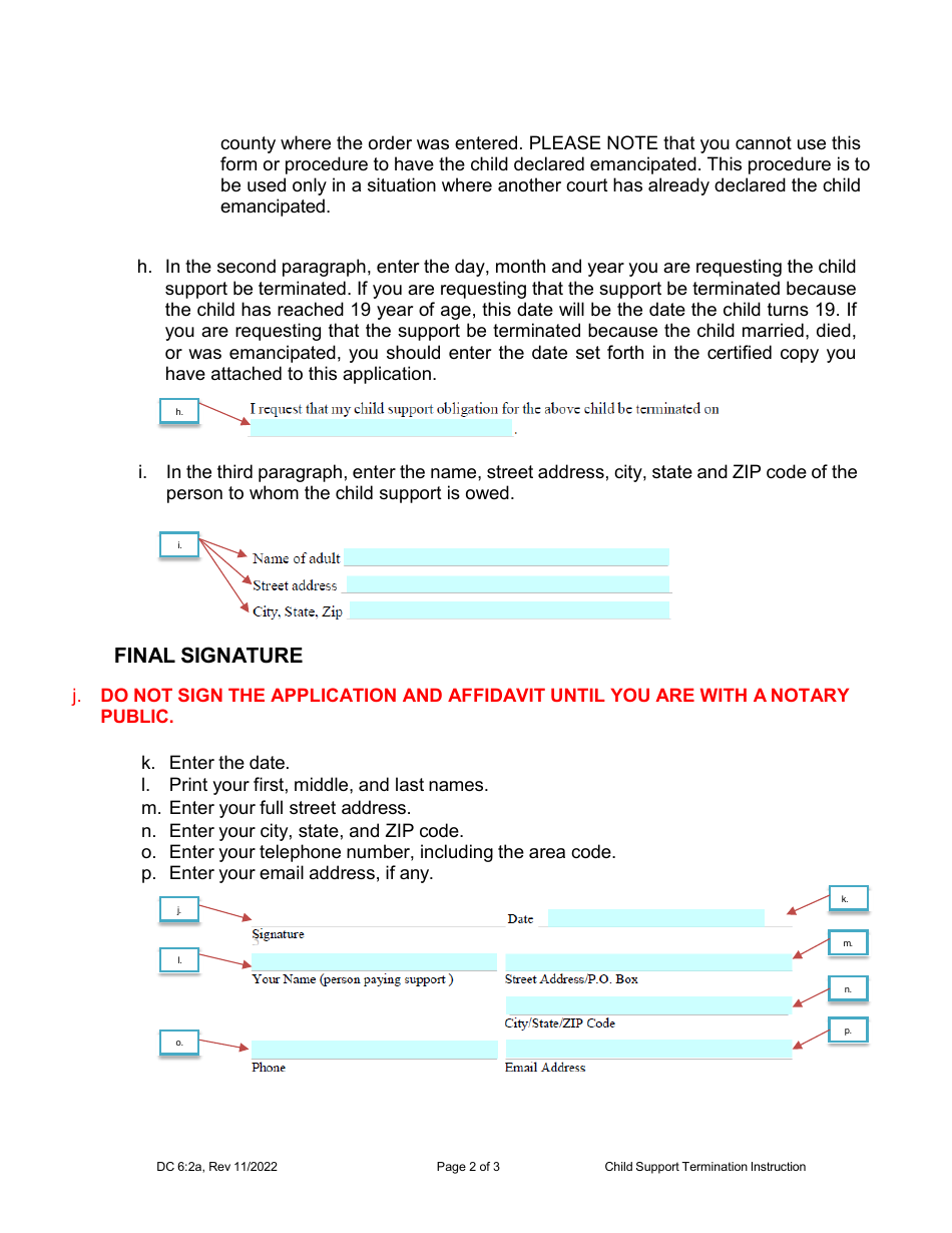 Instructions for Form DC6:2 Application and Affidavit to Obtain Termination of Child Support - Nebraska, Page 2