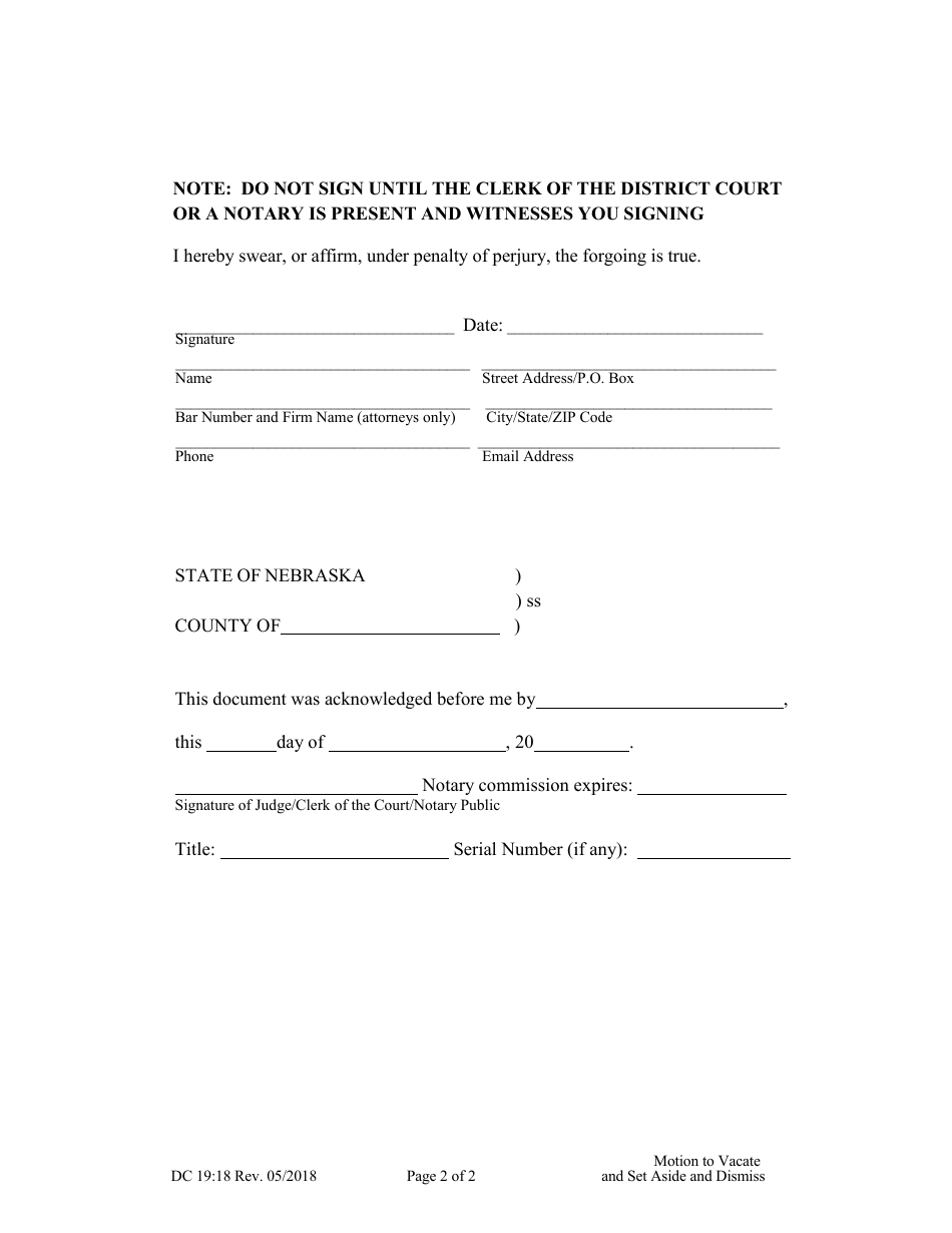 Form DC19:18 Motion to Vacate and Set Aside and to Dismiss - Nebraska, Page 2