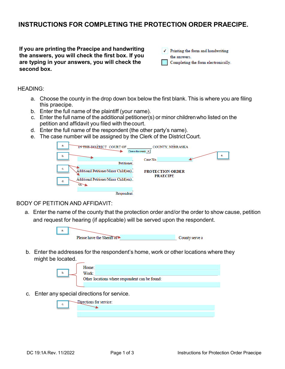 Instructions for Form DC19:1 Protection Order Praecipe - Nebraska, Page 1