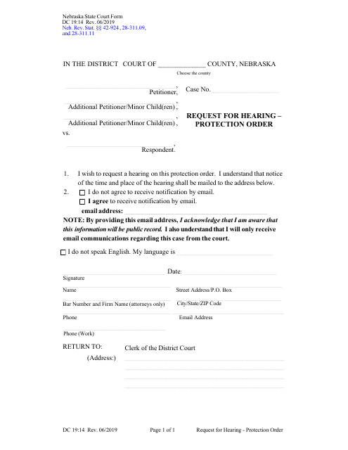 Form DC19:14 Request for Hearing - Protection Order - Nebraska