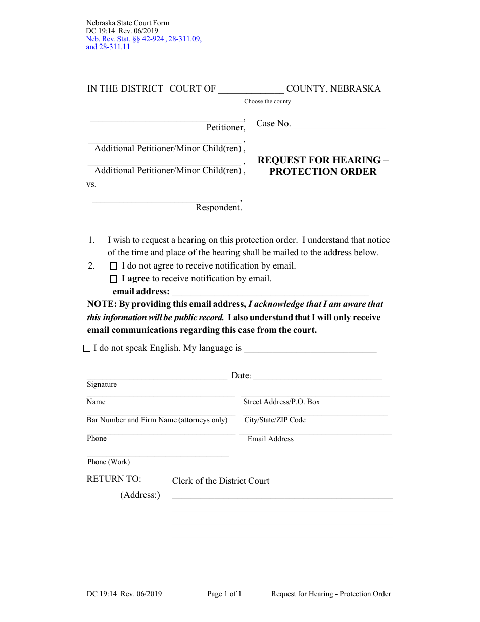 Form DC19:14 Request for Hearing - Protection Order - Nebraska, Page 1