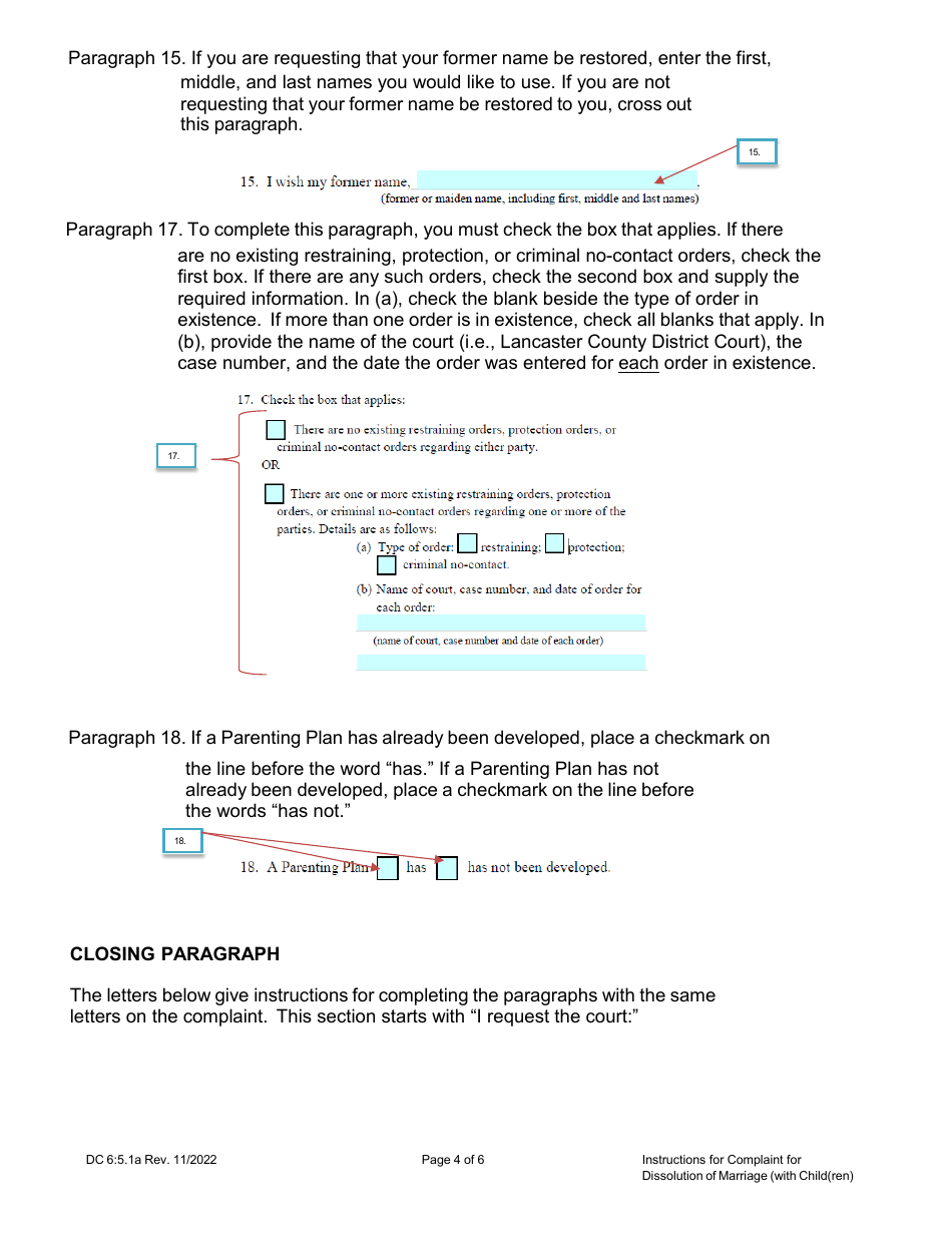 Instructions for Form DC6:5.1 Complaint for Dissolution of Marriage (With Child(Ren)) - Nebraska, Page 4