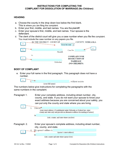 Instructions for Form DC6:4.1 Complaint for Dissolution of Marriage (No Children) - Nebraska