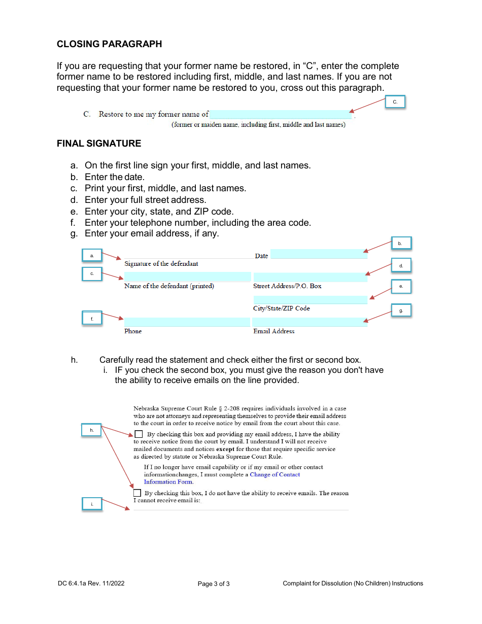 Instructions for Form DC6:4.1 Complaint for Dissolution of Marriage (No Children) - Nebraska, Page 3