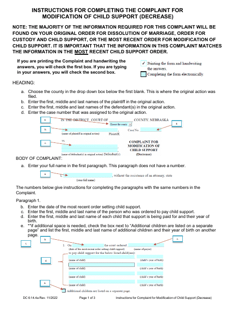 Instructions for Form DC6:14.4 Complaint for Modification of Child Support (Decrease) - Nebraska