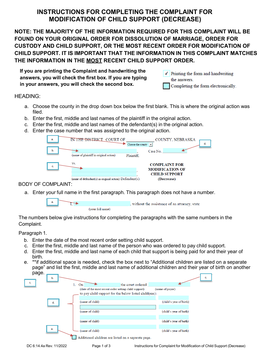 Instructions for Form DC6:14.4 Complaint for Modification of Child Support (Decrease) - Nebraska, Page 1