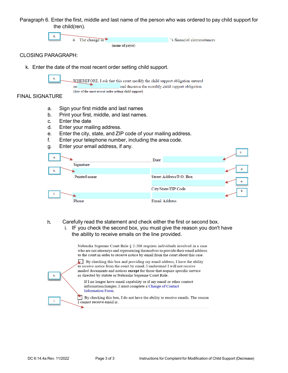 Instructions for Form DC6:14.4 Complaint for Modification of Child Support (Decrease) - Nebraska, Page 3