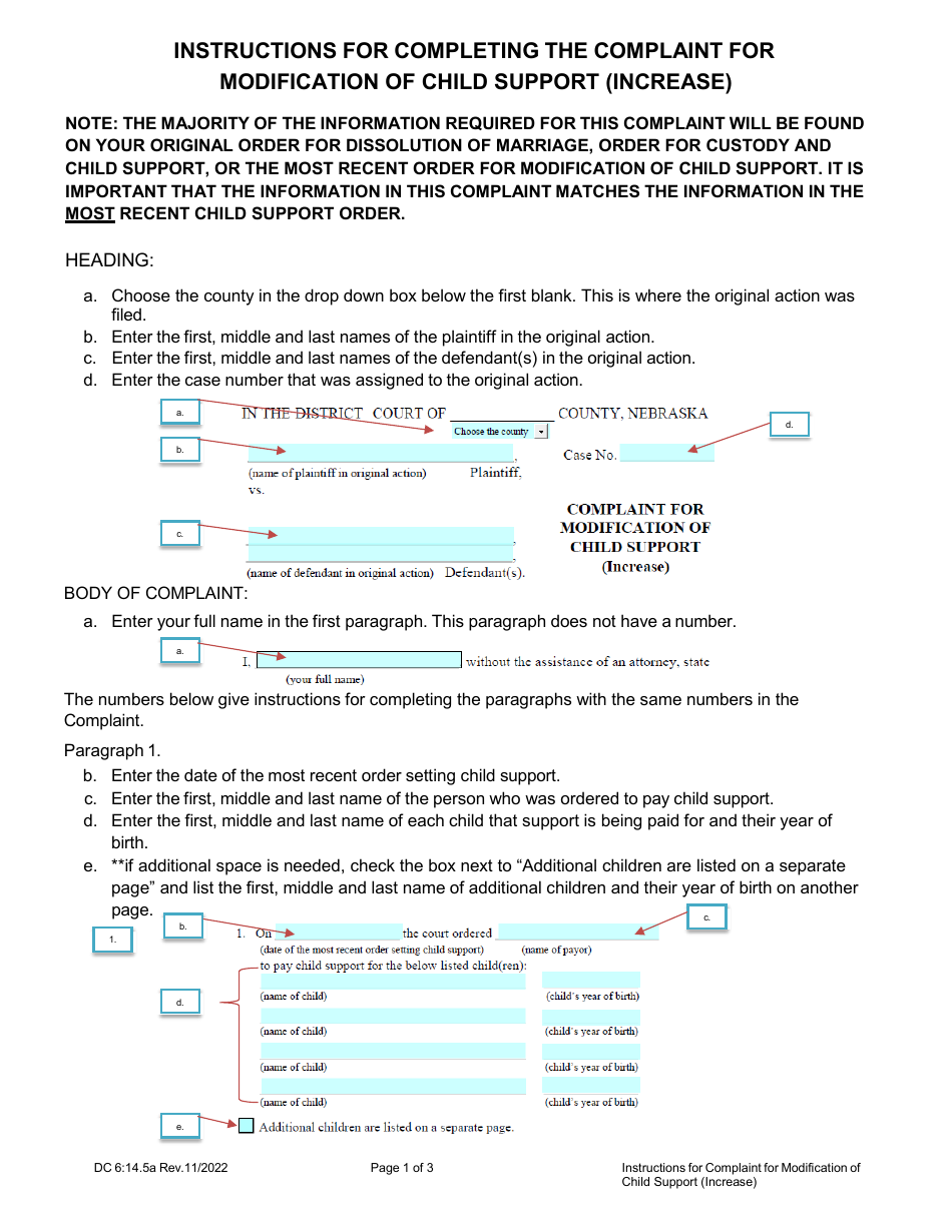Instructions for Form DC6:14.5 Complaint for Modification of Child Support (Increase) - Nebraska, Page 1