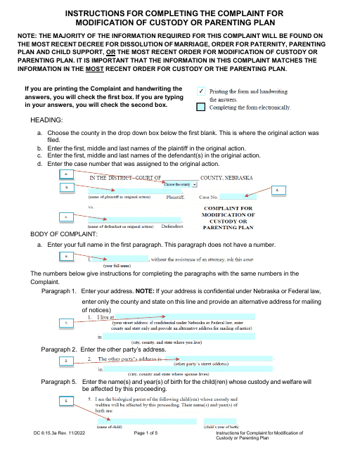 Instructions for Form DC6:15.3 Complaint for Modification of Custody or Parenting Plan - Nebraska