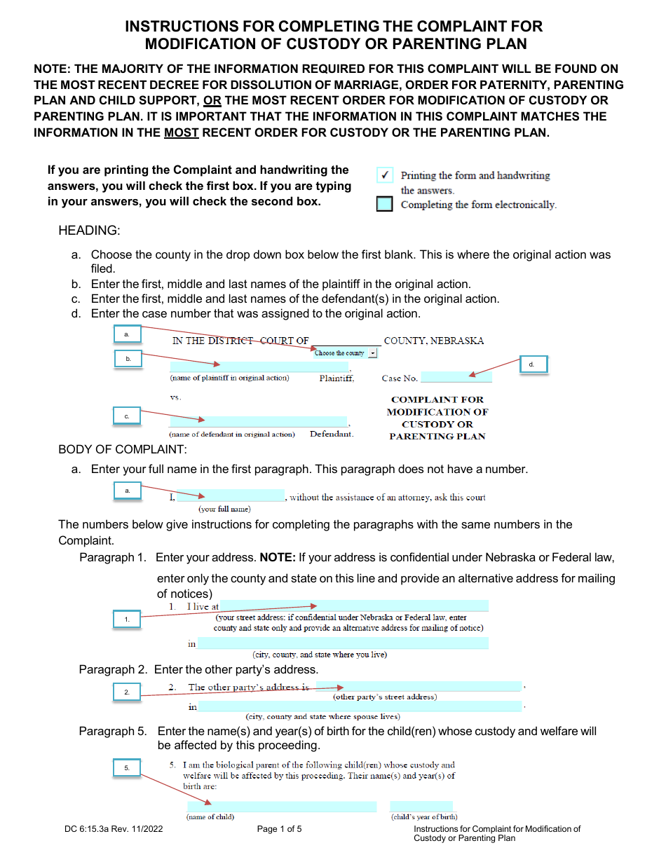 Instructions for Form DC6:15.3 Complaint for Modification of Custody or Parenting Plan - Nebraska, Page 1