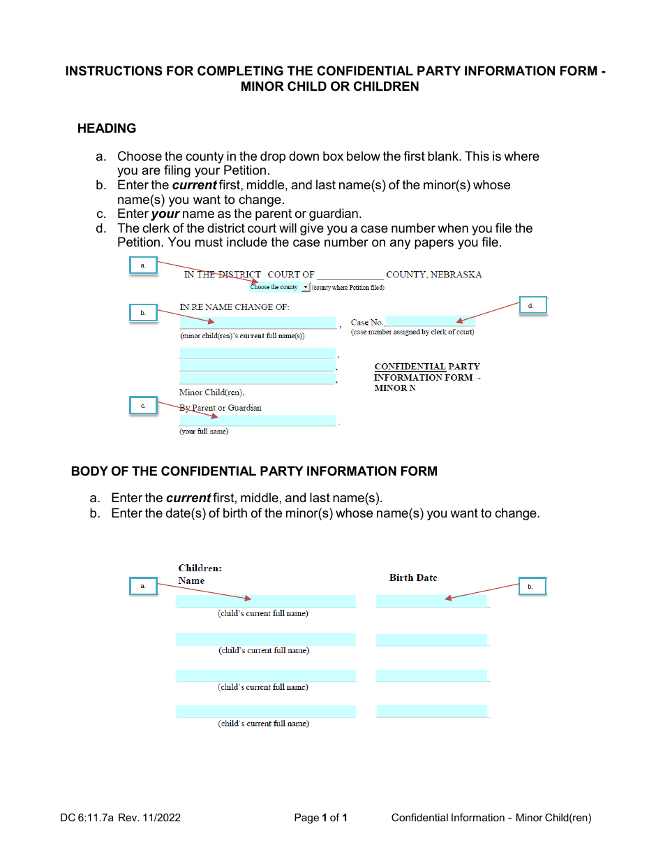 Instructions for Form DC6:11.7 Confidential Party Information Form - Minor Name Change - Nebraska, Page 1