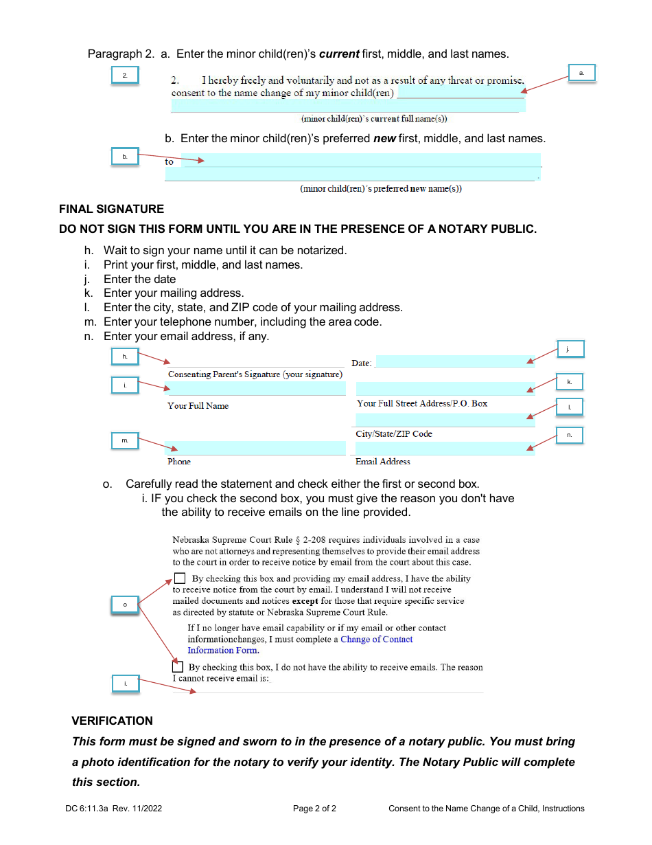Instructions for Form DC6:11.3 Consent for the Name Change of a Minor Child - Nebraska, Page 2