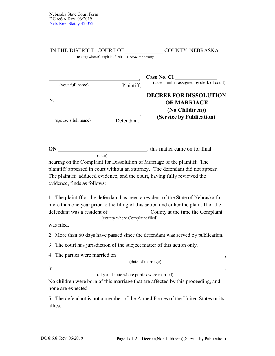 Form DC6:6.6 Decree for Dissolution of Marriage (No Child(Ren)) (Service by Publication) - Nebraska, Page 1