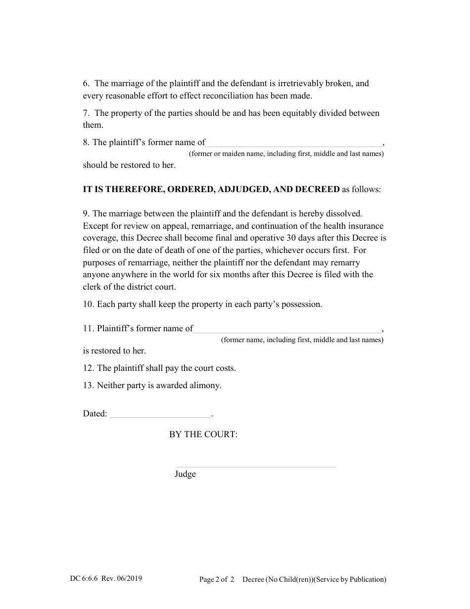Form DC6:6.6 Decree for Dissolution of Marriage (No Child(Ren)) (Service by Publication) - Nebraska, Page 2