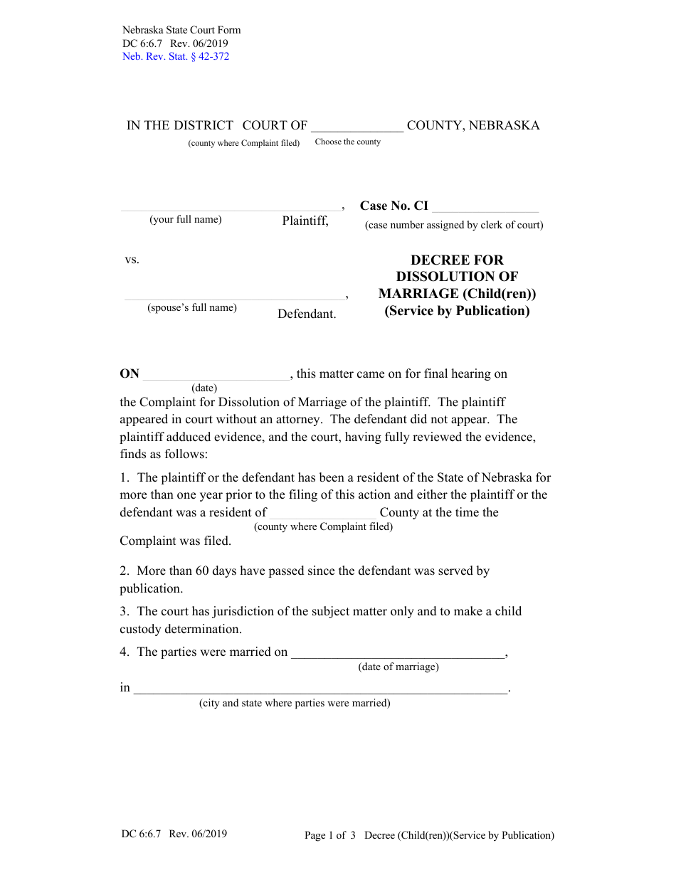 Form DC6:6.7 Decree for Dissolution of Marriage (Child(Ren)) (Service by Publication) - Nebraska, Page 1