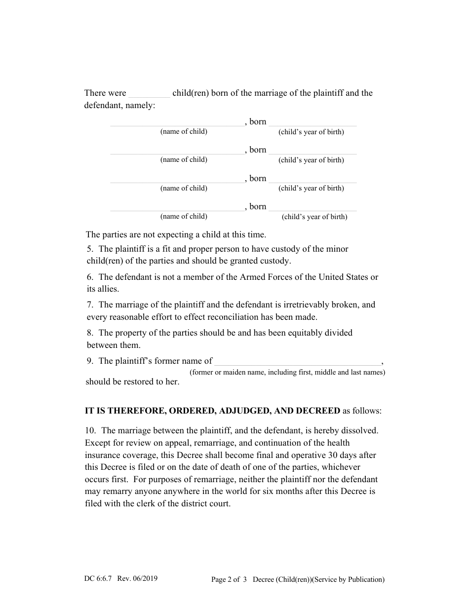 Form DC6:6.7 Decree for Dissolution of Marriage (Child(Ren)) (Service by Publication) - Nebraska, Page 2