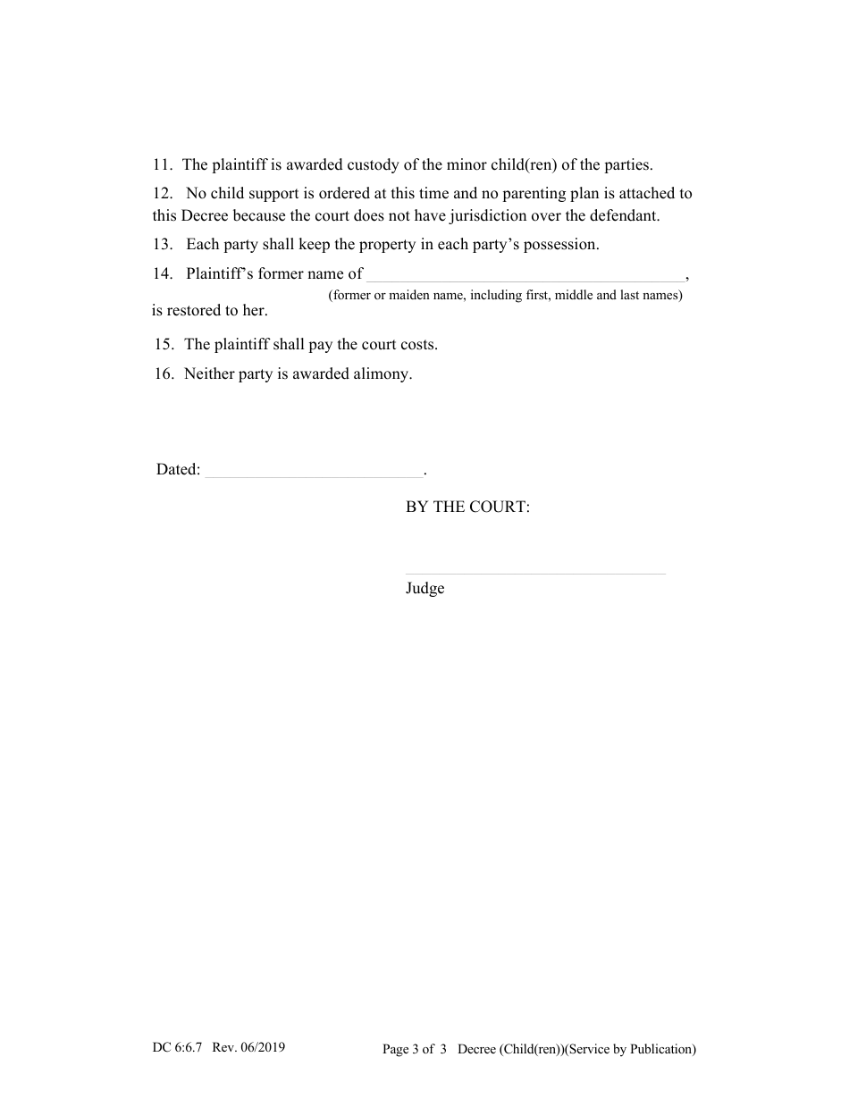 Form DC6:6.7 Decree for Dissolution of Marriage (Child(Ren)) (Service by Publication) - Nebraska, Page 3