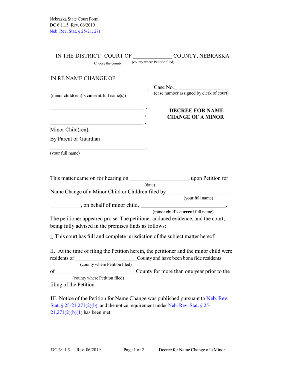 Form DC6:11.5 Decree for Name Change of a Minor - Nebraska, Page 1