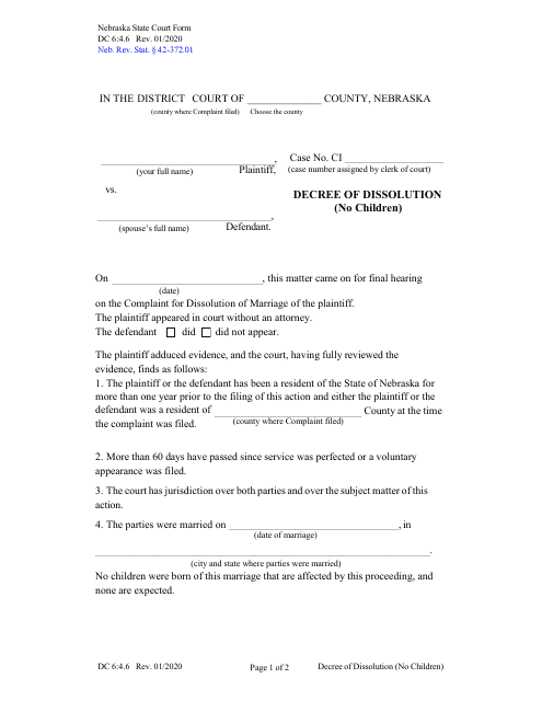 Form DC6:4.6 Decree of Dissolution (No Children) - Nebraska