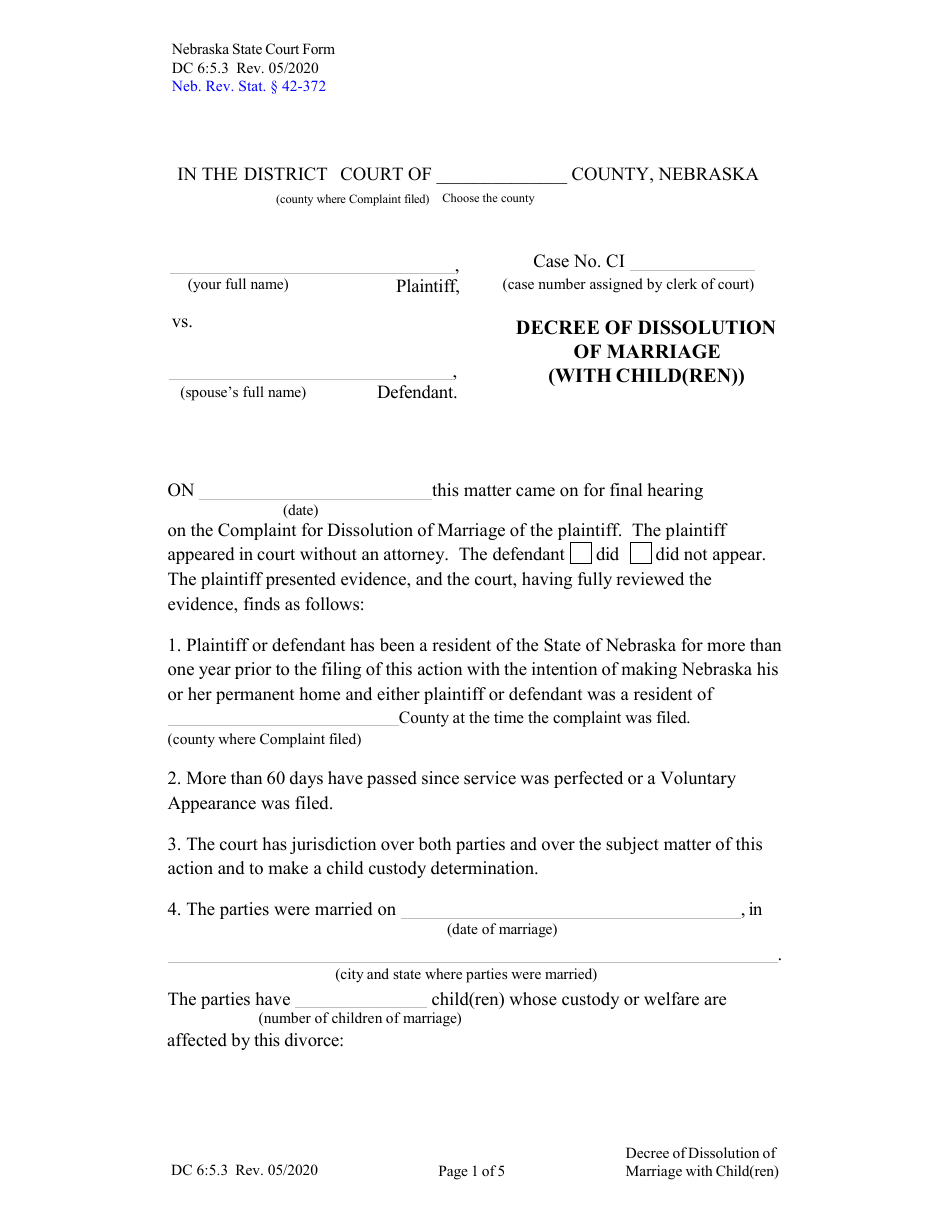 Form DC6:5.3 Decree of Dissolution of Marriage (With Child(Ren)) - Nebraska, Page 1