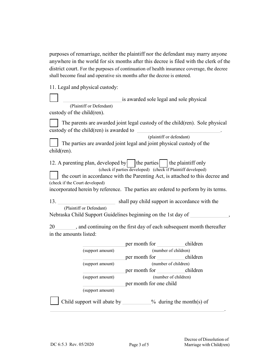 Form DC6:5.3 Decree of Dissolution of Marriage (With Child(Ren)) - Nebraska, Page 3