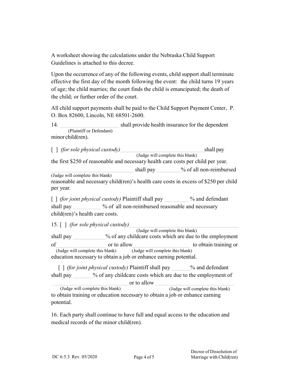 Form DC6:5.3 Decree of Dissolution of Marriage (With Child(Ren)) - Nebraska, Page 4