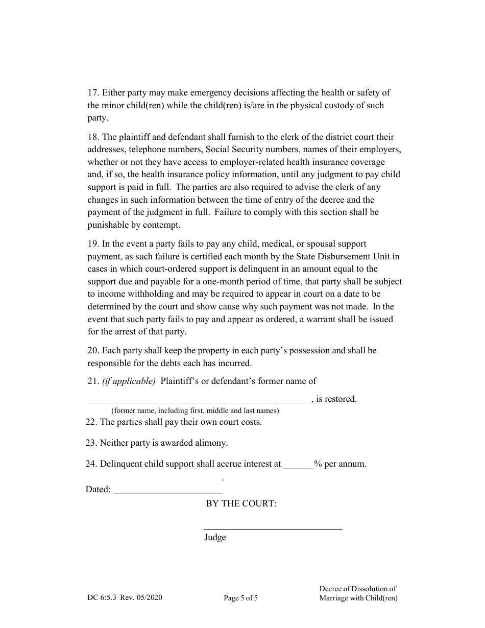 Form DC6:5.3 Decree of Dissolution of Marriage (With Child(Ren)) - Nebraska, Page 5