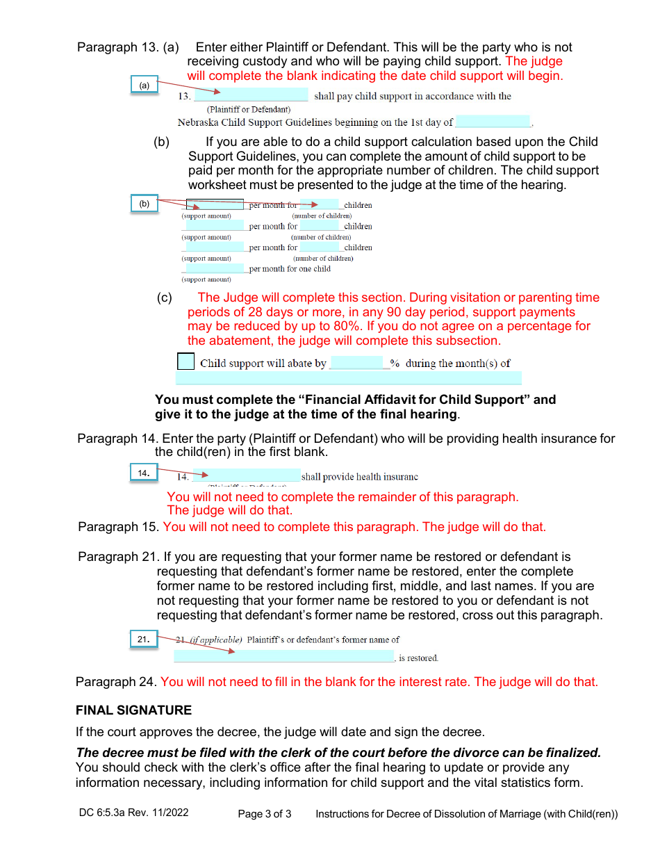 Instructions for Form DC6:5.3 Decree of Dissolution of Marriage (With Child(Ren)) - Nebraska, Page 3
