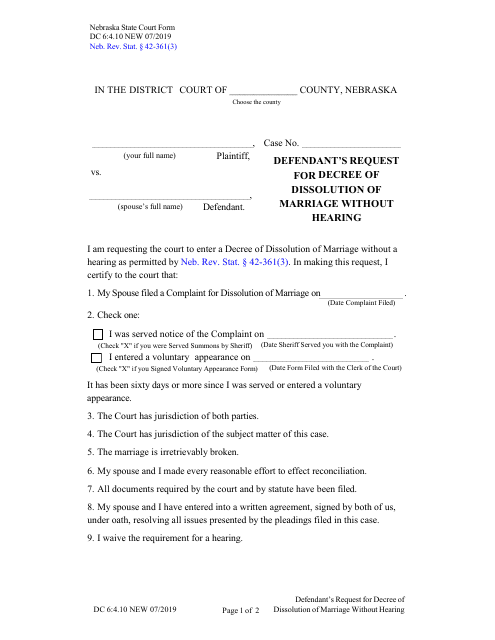 Form DC6:4.10 Defendant's Request for Decree of Dissolution of Marriage Without Hearing - Nebraska