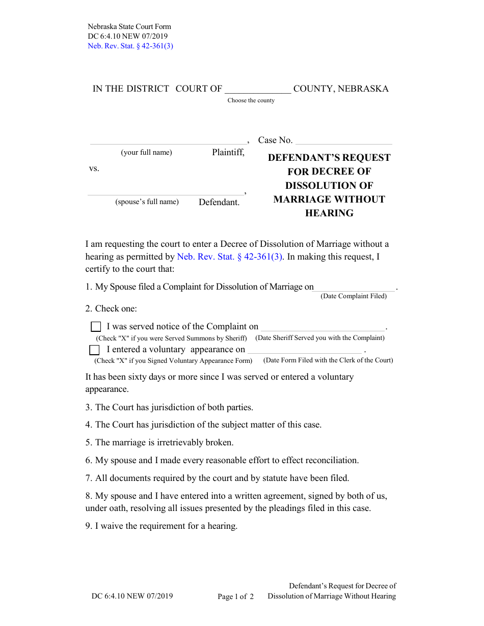 Form DC6:4.10 Defendants Request for Decree of Dissolution of Marriage Without Hearing - Nebraska, Page 1