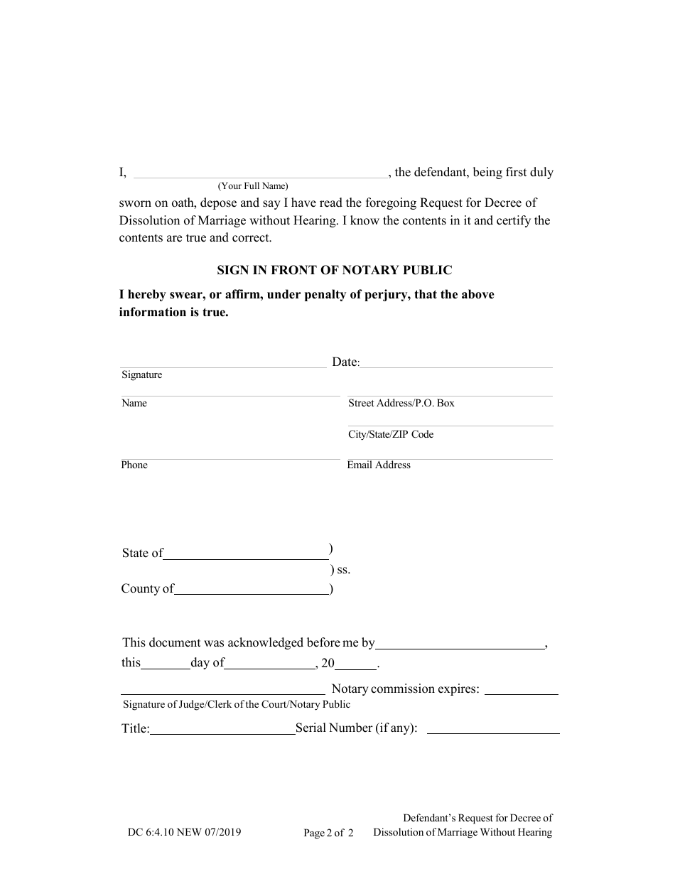 Form DC6:4.10 Defendants Request for Decree of Dissolution of Marriage Without Hearing - Nebraska, Page 2