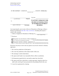 Form DC6:4.9 Plaintiff's Request for Decree of Dissolution of Marriage Without Hearing - Nebraska