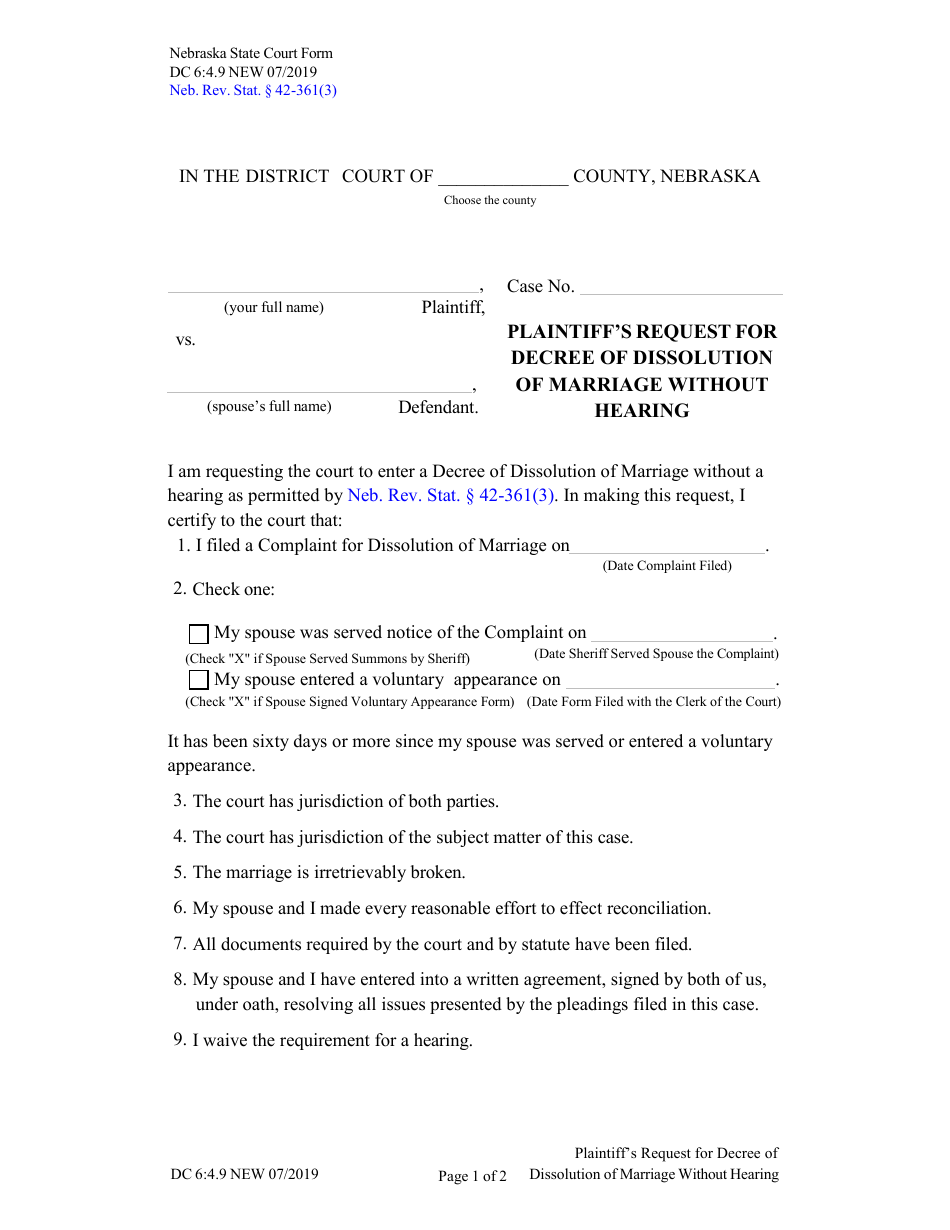 Form DC6:4.9 Plaintiff's Request for Decree of Dissolution of Marriage Without Hearing - Nebraska, Page 1