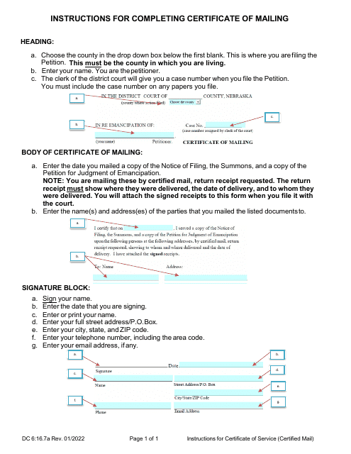 Instructions for Form DC6:16.7 Certificate of Mailing - Nebraska