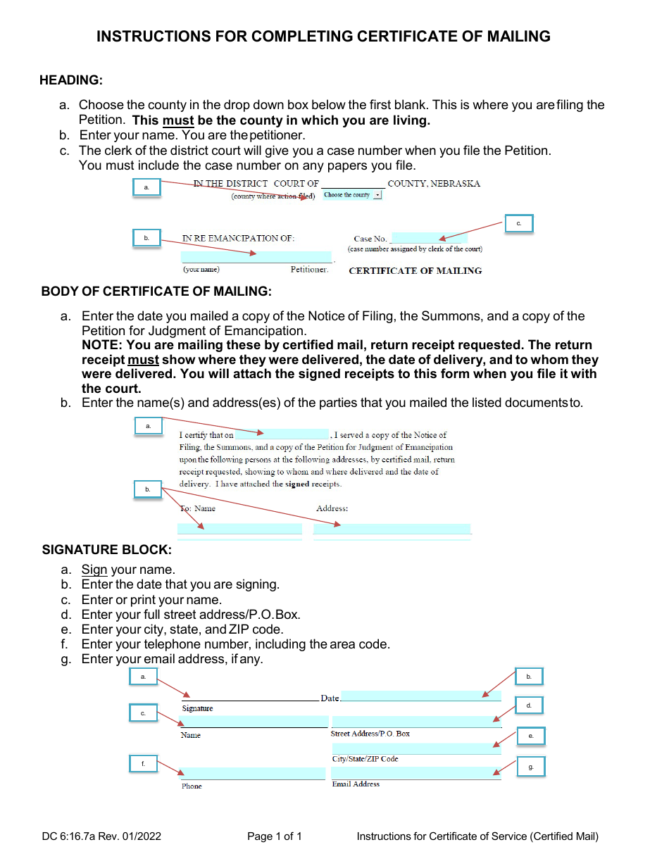 Instructions for Form DC6:16.7 Certificate of Mailing - Nebraska, Page 1