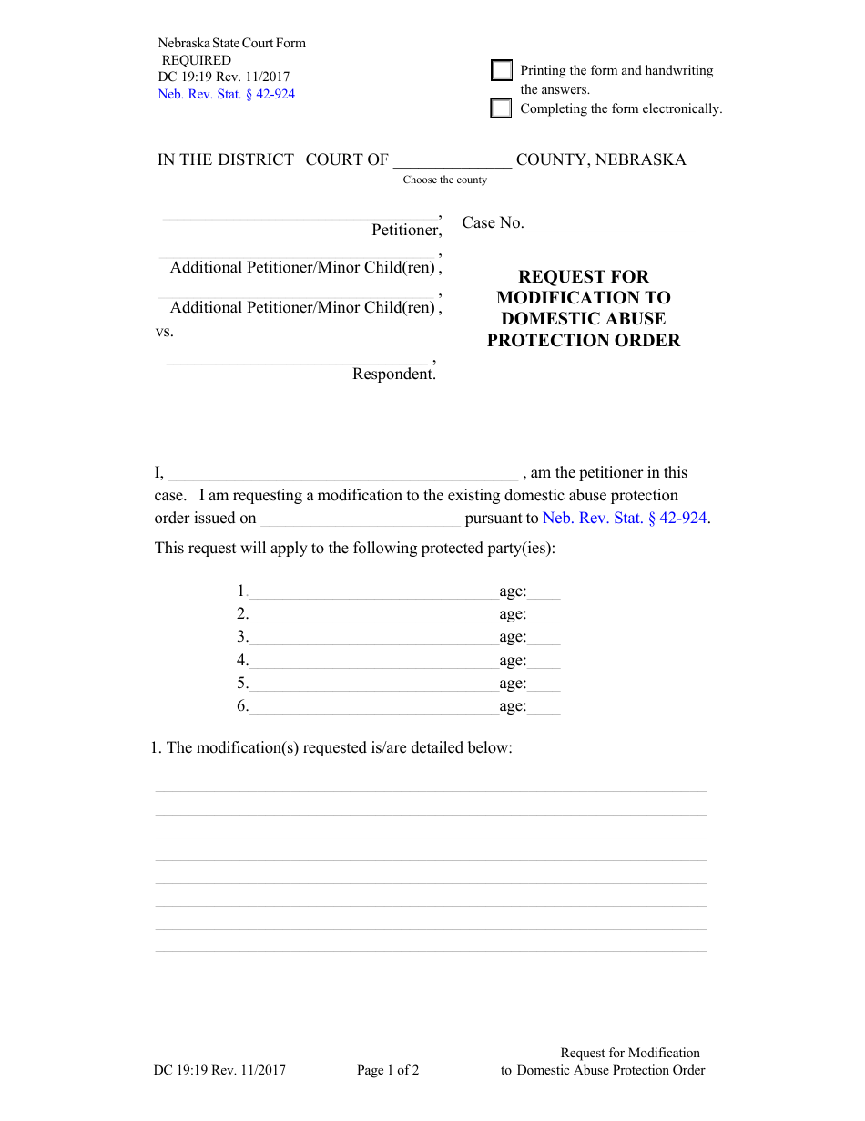 Form DC19:19 Request for Modification to Domestic Abuse Protection Order - Nebraska, Page 1