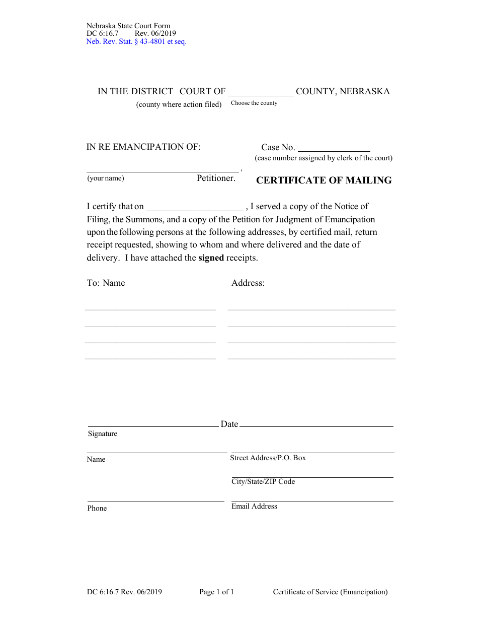 Form DC6:16.7 Certificate of Mailing - Nebraska, Page 1